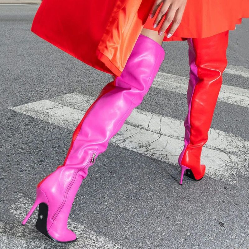 Sexy over-the-knee boots欧美风拼色侧拉链细跟高跟过膝长靴跨境