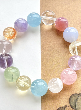 天然白水晶多宝手链女款时尚百搭多巴胺色串珠水晶手串