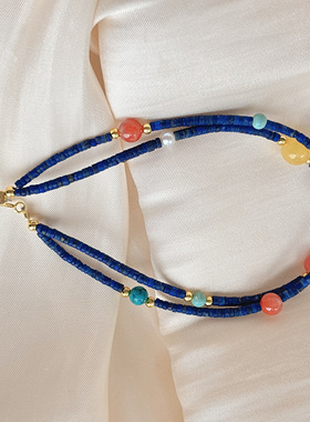 天然青金石南红蜜蜡绿松石两圈手链复古毛衣链礼物