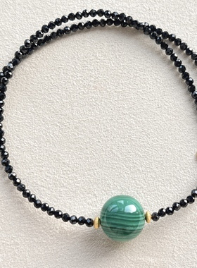 天然黑尖晶石搭配孔雀石项链女款锁骨链简约百搭饰品礼物