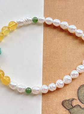 天然淡水珍珠 蜜蜡多宝手链女款单圈时尚百搭饰品礼物