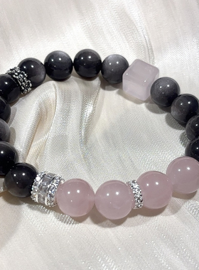 天然黑曜石手链女款单圈时尚百搭粉水晶黑曜石手串送女友闺蜜