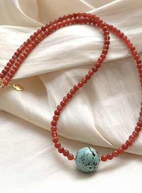 天然南红玛瑙项链女新中式国风绿松石锁骨链本命年红色毛衣链