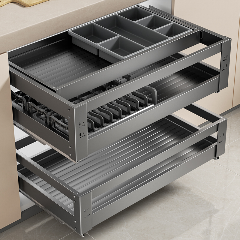 拉篮厨房橱柜双层抽屉式放碗碗碟三层太空铝抽中抽铝合金加深碗篮-封面