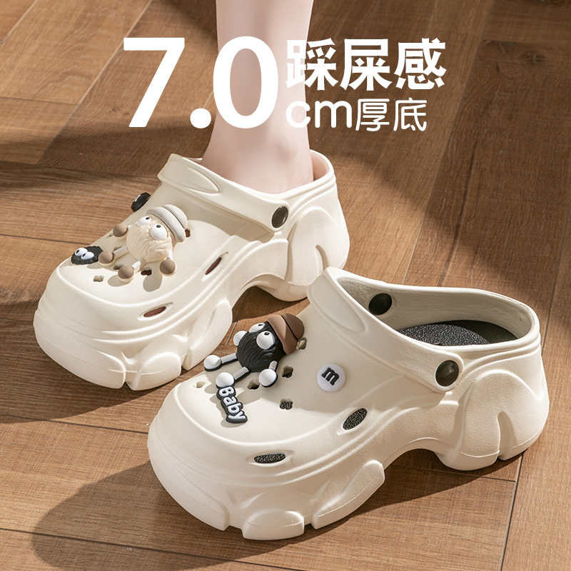 煤球洞洞鞋女款夏季2026新款可爱松糕厚底踩屎感增高防滑包头拖鞋