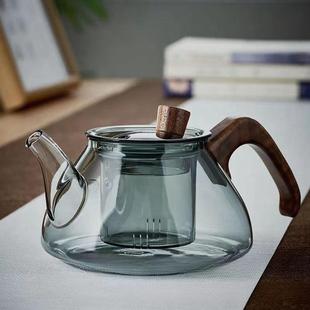 玻璃茶壶电陶炉烟灰色玻璃壶 高硼硅玻璃泡茶壶胡桃木茶壶侧把日式