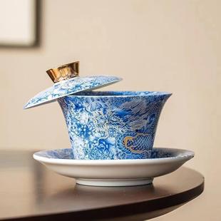 悬停盖碗茶杯满花龙纹羊脂玉德化白瓷陶瓷茶具家用泡茶碗 新款
