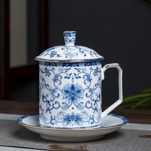 景德镇陶瓷杯青花珐琅彩茶杯办公室带盖碟泡茶杯家用高白泥水杯