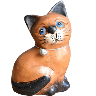 泰国木雕可爱萌猫咪摆件柚木手工打磨铃铛小猫桌面摆件创意家居饰