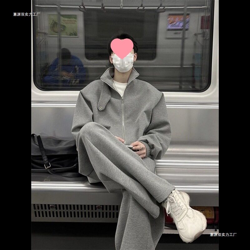 新款春秋季慵懒风立领男女休闲潮牌开衫卫衣阔腿长裤运动套装男潮