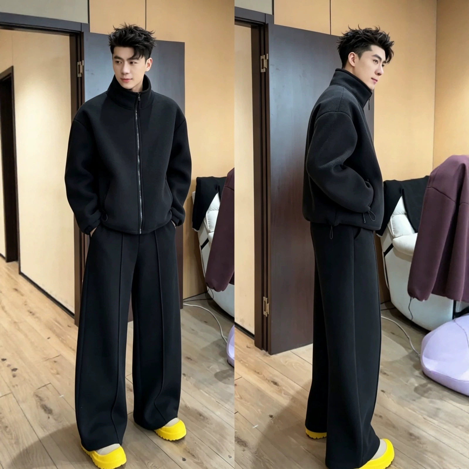 高品质双面摇粒绒保暖套装冬季新款立领设计感运动休闲男士两件套
