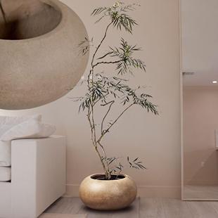 圆形花盆侘寂风中式 镁泥花盆花器绿植搭配轻奢风客厅茶室植物花器