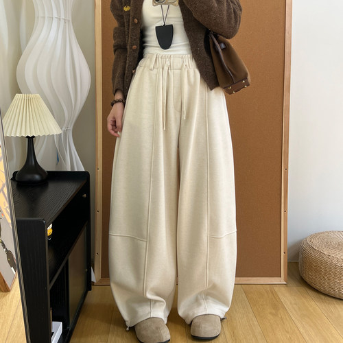 糯米香蕉裤女冬季加绒慵懒简约纯色高腰阔腿束脚两穿休闲镰弯刀裤