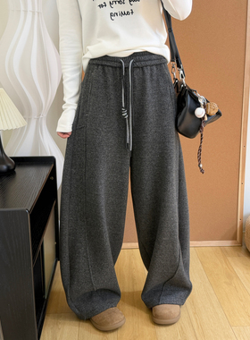 冬季加绒加厚保暖毛呢羊绒裤子女高腰宽松阔腿收口两穿弯刀休闲裤