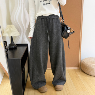 子女高腰宽松阔腿收口两穿弯刀休闲裤 冬季 加绒加厚保暖毛呢羊绒裤