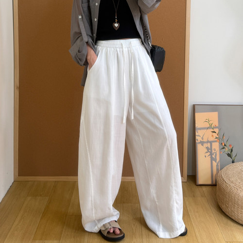 简约纯色亚麻气球裤女2026夏季新款老钱风宽松阔腿镰刀休闲长裤薄