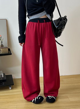 束脚阔腿两穿卫裤2025春季新款韩版休闲百搭撞色抽绳高腰弯刀裤女