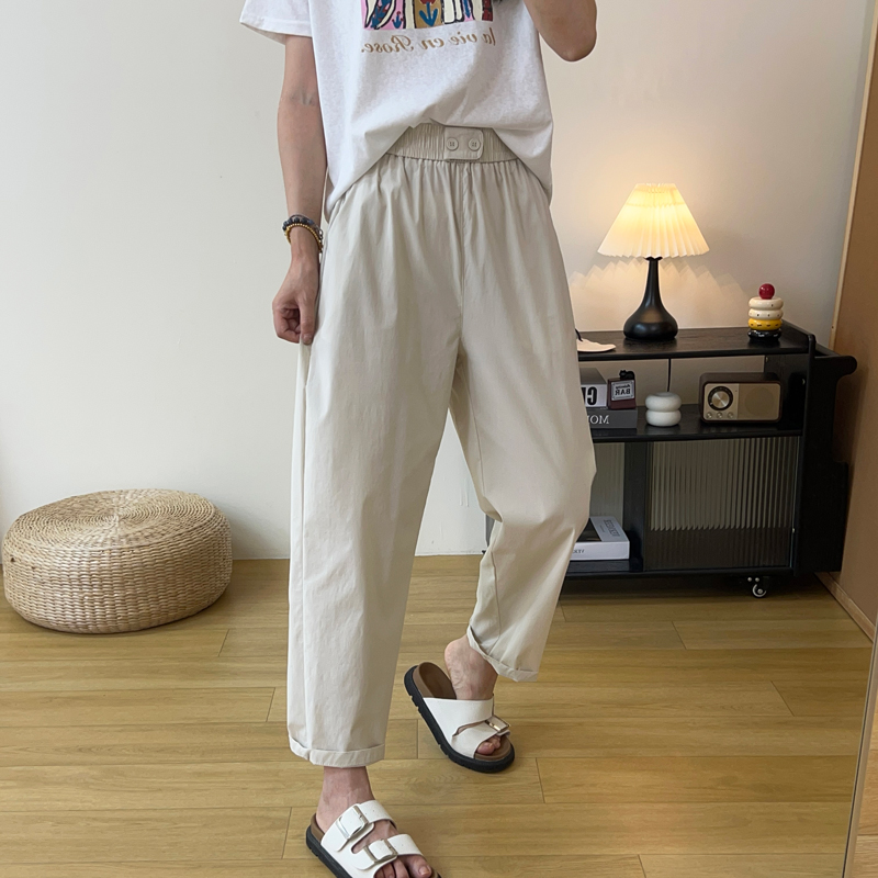 简约百搭纯色弹力九分冰丝裤女夏日轻薄透气松紧腰显瘦休闲哈伦裤