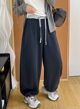 美式运动风可收口阔腿束脚卫裤秋季时尚撞色高腰抽绳弯刀休闲裤女