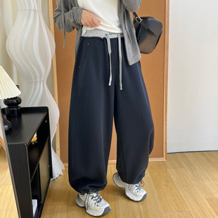 美式运动风可收口阔腿束脚卫裤秋季时尚撞色高腰抽绳弯刀休闲裤女