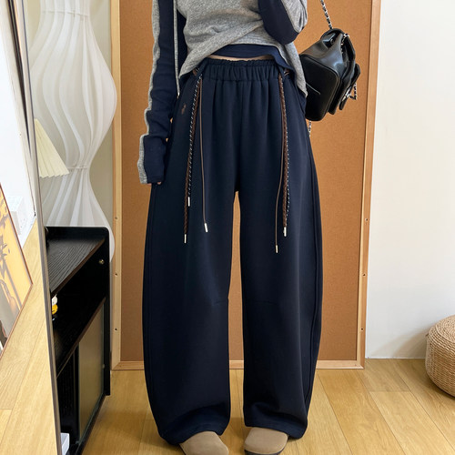 抽绳小马刺绣加绒卫裤女2025冬季新款加厚保暖宽松休闲阔腿弯刀裤