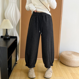 女 加绒加厚保暖九分束脚哈伦裤 复古毛呢木耳花边松紧腰灯笼裤 冬季