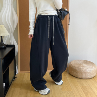 女 运动风休闲百搭抽绳撞色松紧腰加厚保暖香蕉裤 加绒弯刀卫裤 冬季