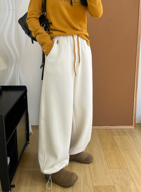 百搭收口直筒束脚两穿休闲长裤冬季撞色刺绣加厚奥粒绒阔腿卫裤女