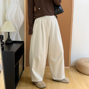 女 百搭简约纯色宽松后半松紧腰一粒扣老爹裤 加厚奥粒绒休闲裤 冬季