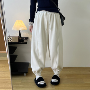 休闲慵懒松紧腰宽松百搭加绒加厚灯笼卫裤 抽绳束脚哈伦裤 子女冬季
