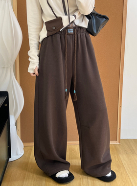 咖色加绒阔腿卫裤女2025年冬季新款慵懒百搭贴布设计宽松垂感长裤