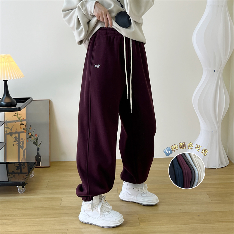彩条小狗刺绣加绒加厚束脚卫裤女