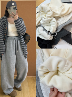 加绒加厚运动卫裤女冬季韩版个性刺绣阔腿束脚两穿高腰撞色镰刀裤