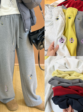 圣诞氛围减龄卡通刺绣弯刀卫裤冬季加厚加绒保暖高腰抽绳香蕉裤女