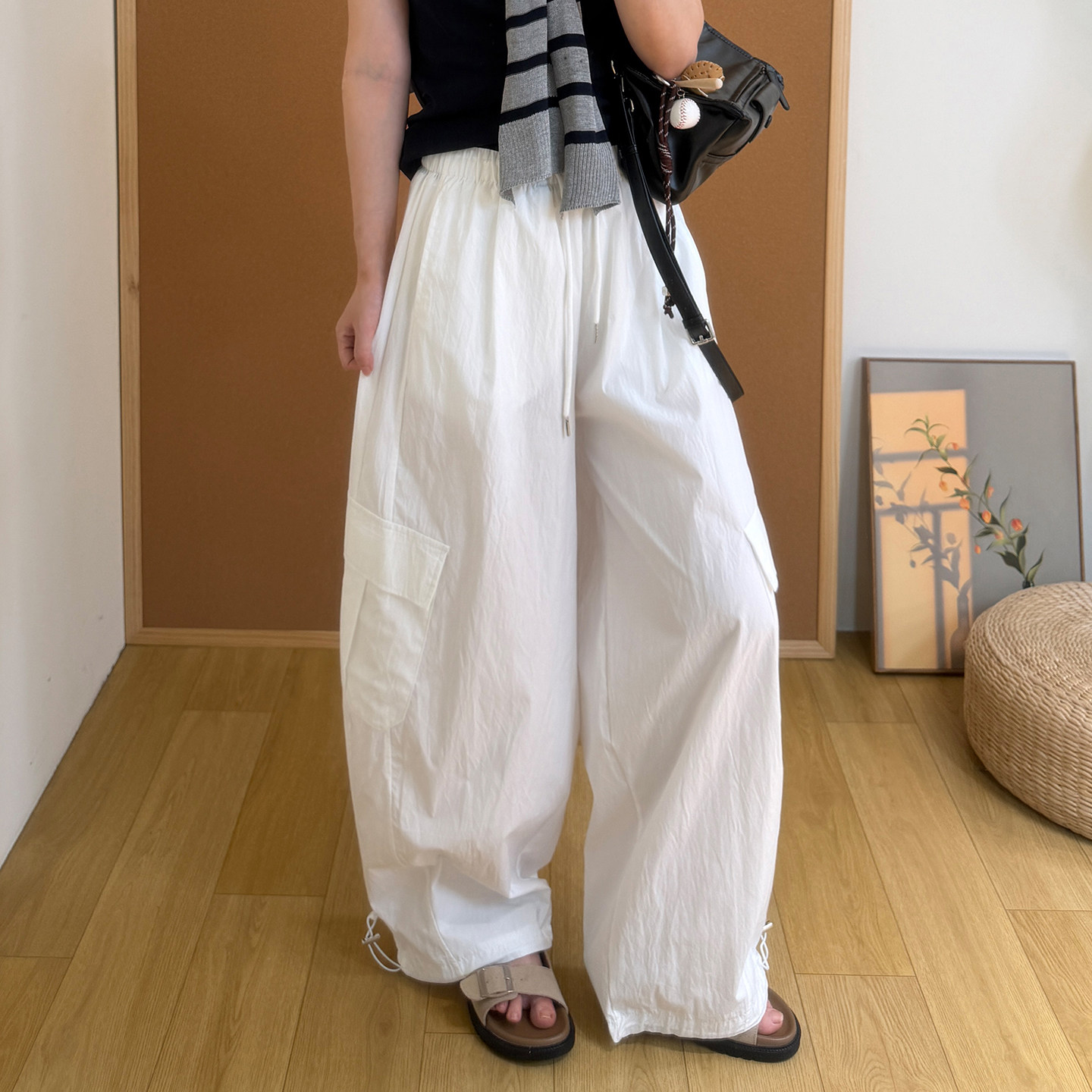 薄款速干工装裤女夏季防晒裤子户外机能宽松长裤抽绳阔腿弯刀裤