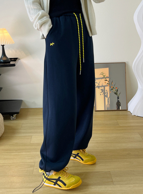 2025秋冬新款加绒抽绳运动裤小狗刺绣宽松束脚两穿阔腿直筒卫裤女