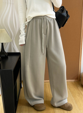 简约百搭弧形阔腿加绒卫裤女冬季加厚奥粒绒可收口裤子女休闲长裤