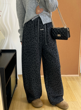 可收口阔腿束脚两穿加绒弯刀裤冬季奥粒绒加厚灰色豹纹休闲裤子女