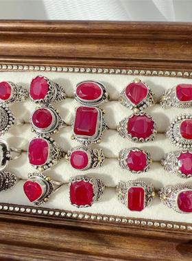 红宝石925纯银手工镶嵌戒指复古