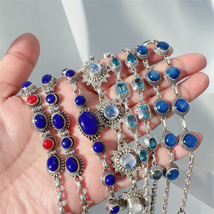 尼泊尔925纯银手工镶嵌天然月光石青金石拉长石手链复古包邮
