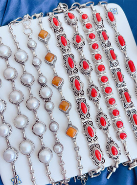 925纯银天然宝石复古手工手链