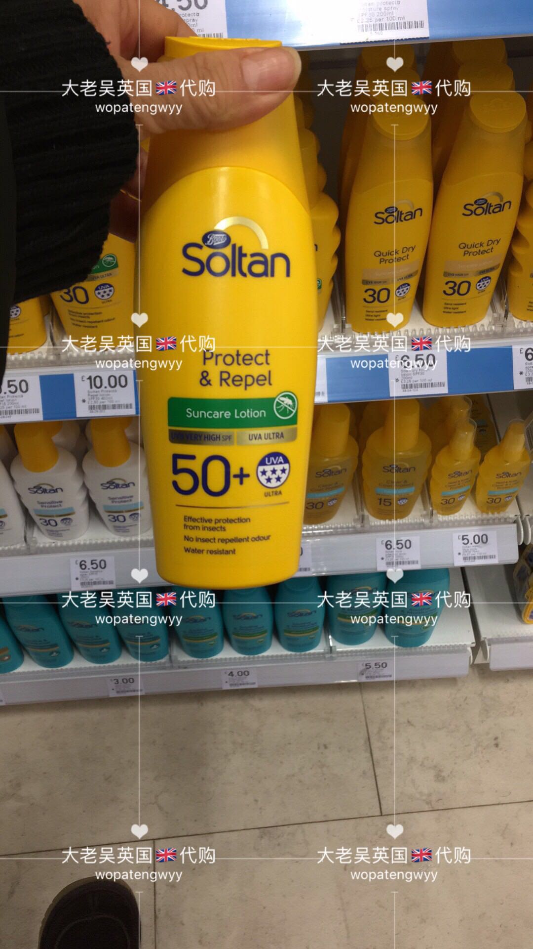 英国Boots soltan儿童大人防水防蚊虫防晒乳SPF30SPF50 200ml