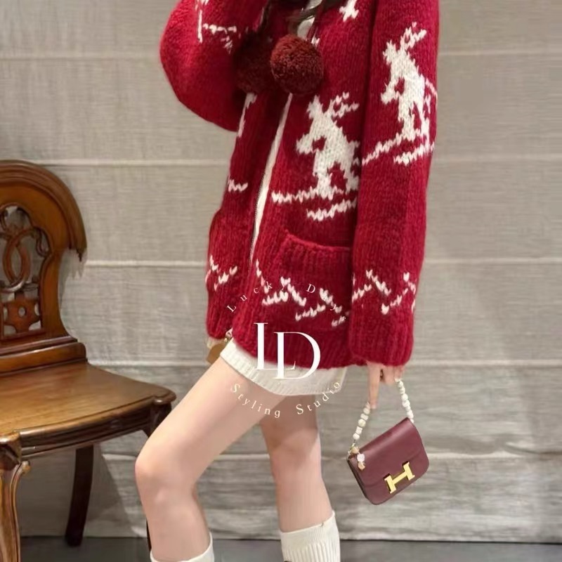 价格私询圣诞麋鹿手织印花小翻领三色羊绒开衫复古慵懒毛衣外套