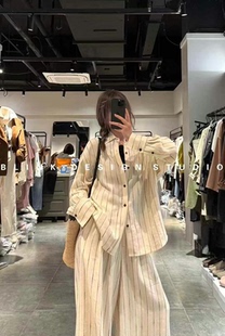 襯衫 價格私詢 早春慵懶風(fēng)進(jìn)口亞麻條紋長袖 休閑套裝 闊腿褲