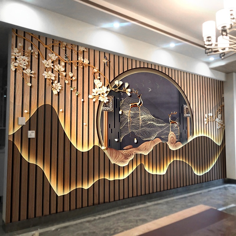 3D竹木纤维集成墙板电视背景墙客厅沙发茶室酒店办公室装饰护墙板
