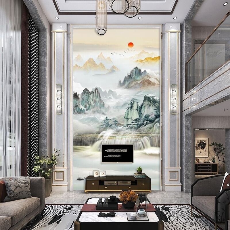 挑空客厅背景集成板影视墙画别墅挑高复式楼电视背景墙板竹木纤维