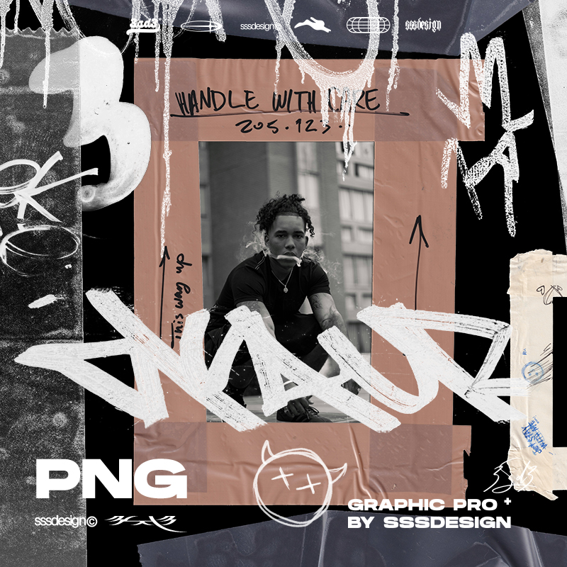 3SD3潮流高街破碎复古做旧嘻哈说唱涂鸦笔画相框装饰元素免扣素材