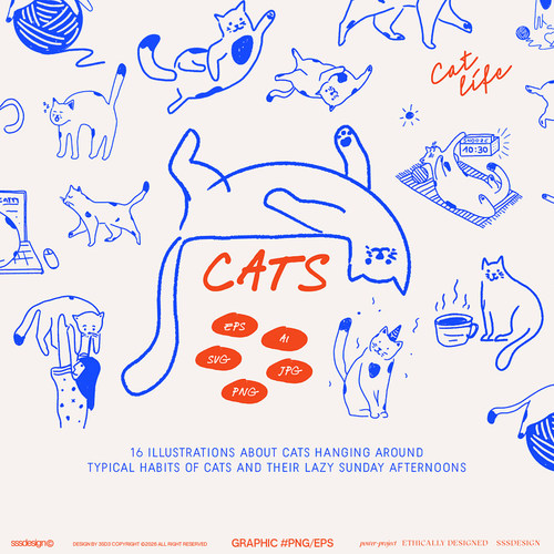 手绘简笔猫咪插画PNG矢量素材克莱因蓝线条小猫手账文创设计图案