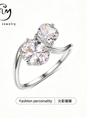 S925银双主石莫桑石戒指肥方造型金色简约设计感女爆款热卖款