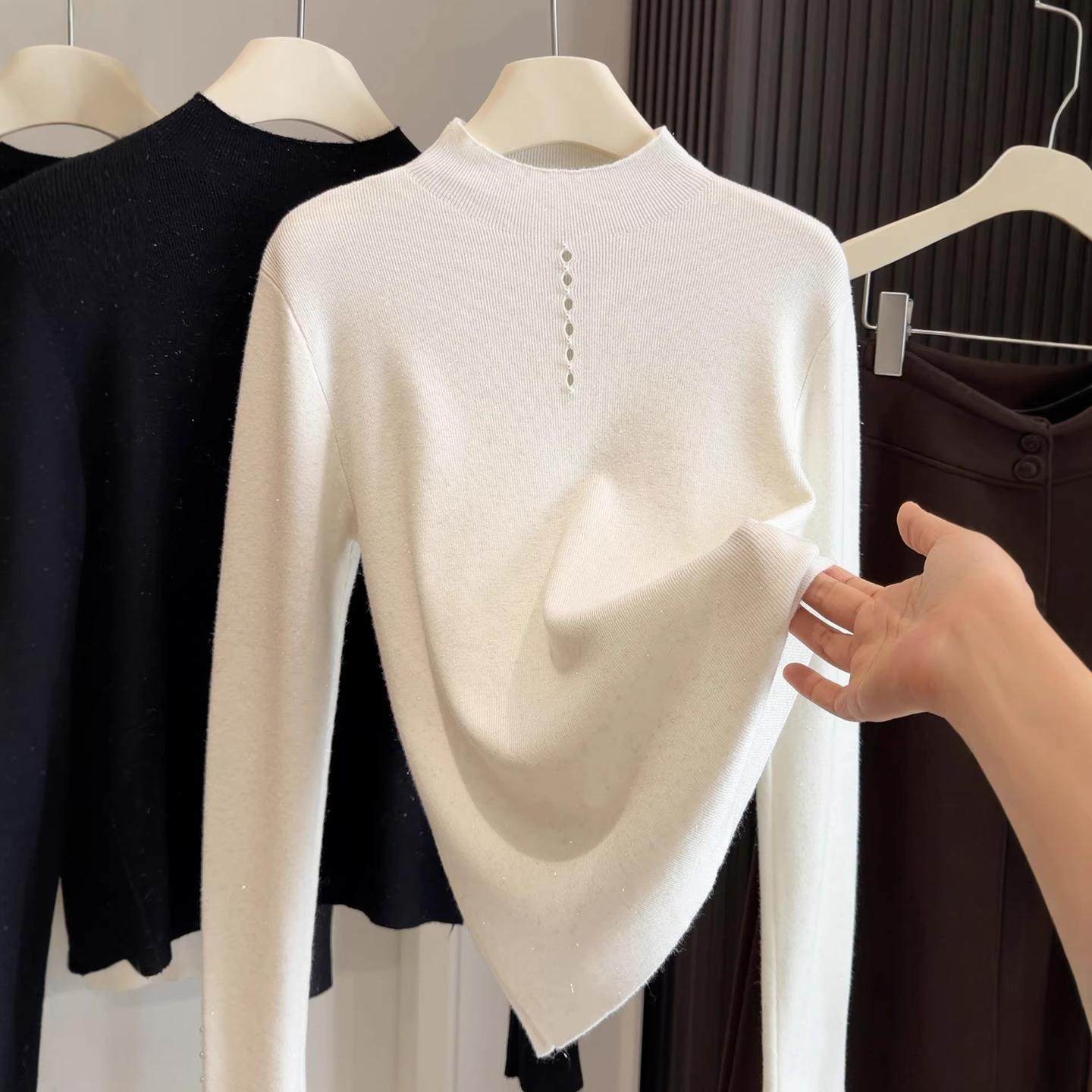 镂空钉珠细闪半高领针织衫女